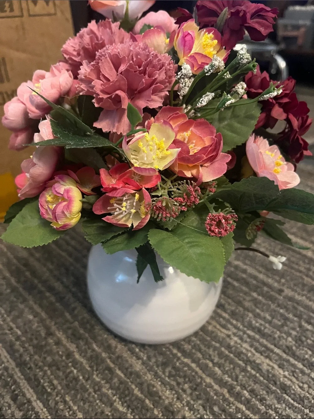 Pink Mixed Faux Floral Arrangement in White Ceramic Vase - Home Accents